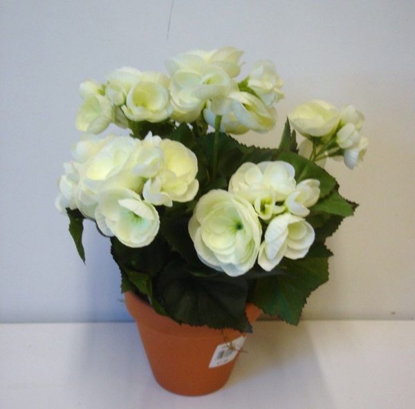 White Begonia Bush Potted Artificial Silk Flowers Pot Plant 11in Tall