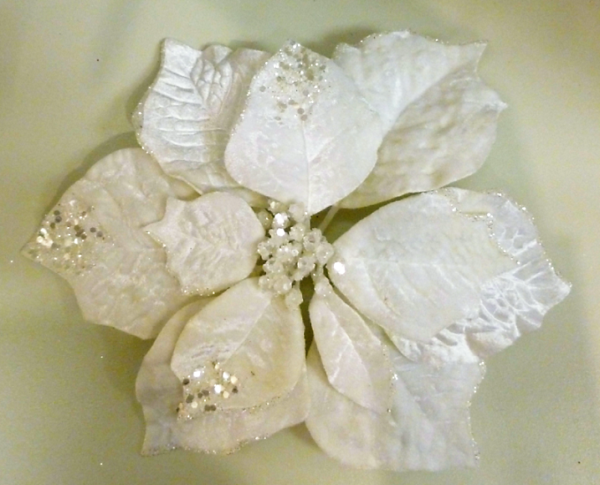 Large White Plush Poinsettia Flower 26cm Pack x4 Clip On Christmas Decoration