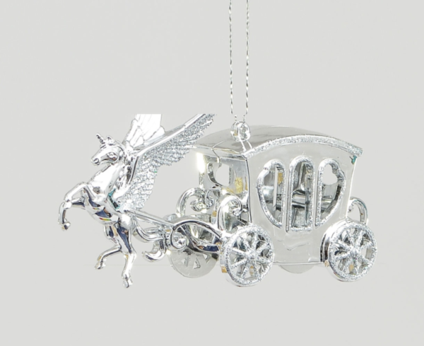Unicorn & Carriage Silver Christmas Tree Decoration / Ornaments 15cm Pack x2