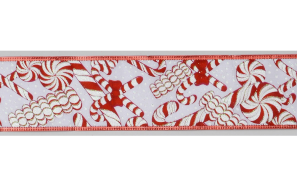 10yd Roll 'Candy Canes' Fabric Wire Edge Christmas Ribbon 2.5in Wide