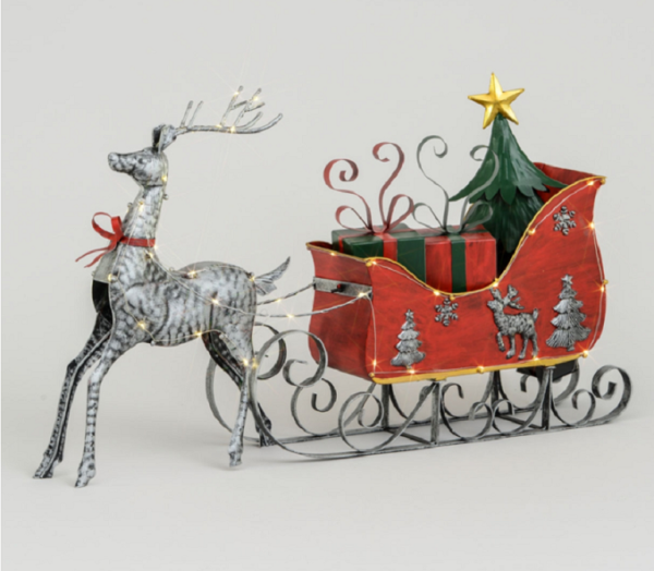 78cm Metal Figurine / Table Piece Reindeer & Sleigh Christmas Decoration LED Lit