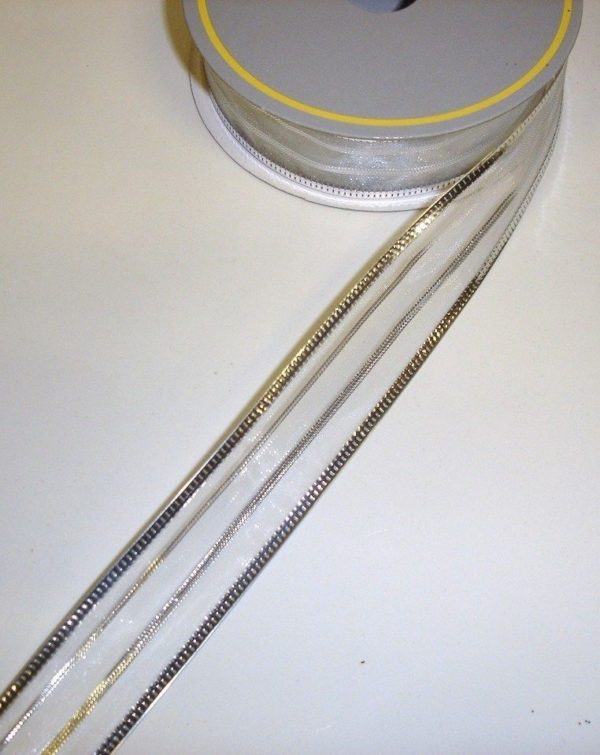 5 yd Roll White/Silver Pinstripe Fabric Wire Edge Christmas Ribbon 1 inch Wide