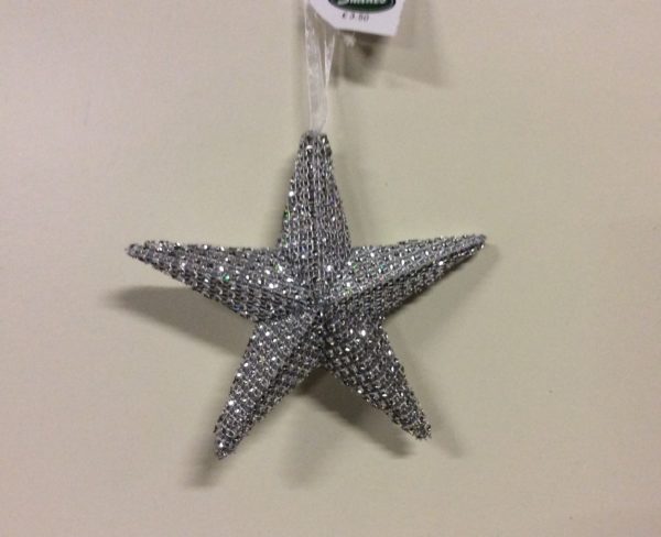 Silver Bling / Diamante Stars Christmas Tree Decorations / Ornaments 6" Pack 4