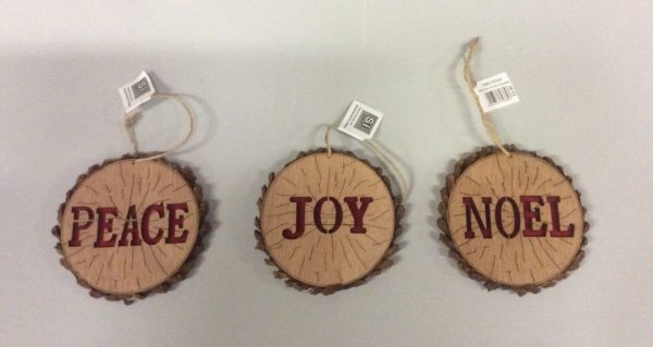 Log Slice Effect Christmas Tree Decorations Peace, Noel, Joy Set x 3