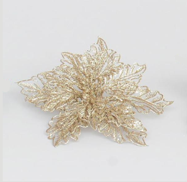 Mesh Poinsettia Champagne Gold 9" Clip On Flowers Floral Christmas Decorations - 4 Pack