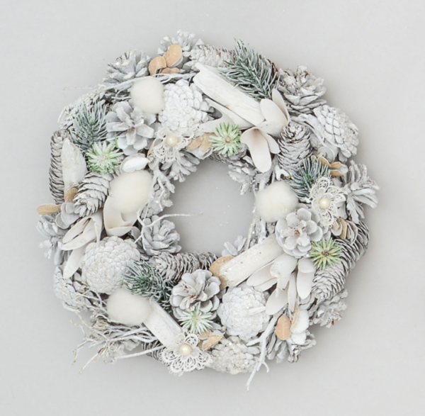 Natural Frosted Snow/Cone/Pom Pom Christmas Wreath 30cm New Design