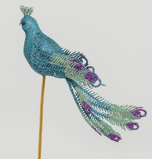Blue/Green Peacocks On A Stick Christmas Decoration Birds Pair 21cm