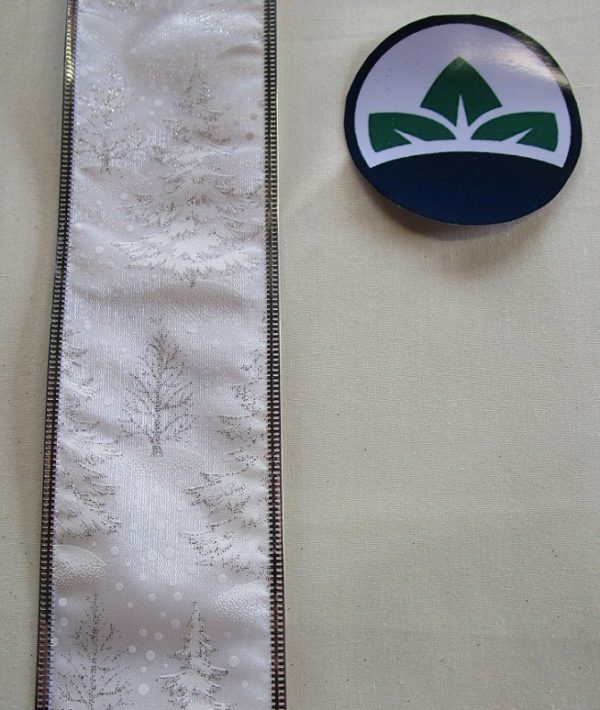 10 yard Roll 'White Xmas Tree' Fabric Wire Edge Christmas Ribbon 2.5in Wide