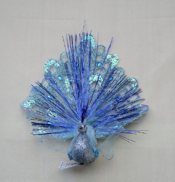 Pair New 19cm Peacocks Clip On Christmas Decoration Birds Blue