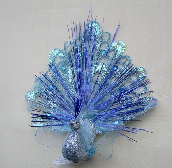 Pair New 19cm Peacocks Clip On Christmas Decoration Birds Blue