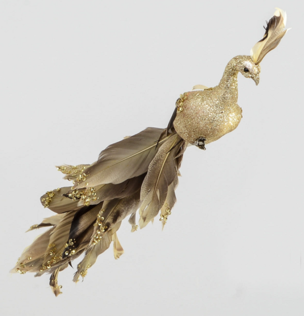Pair 39cm Large Feathered Bird + Clip GOLD Christmas Decoration
