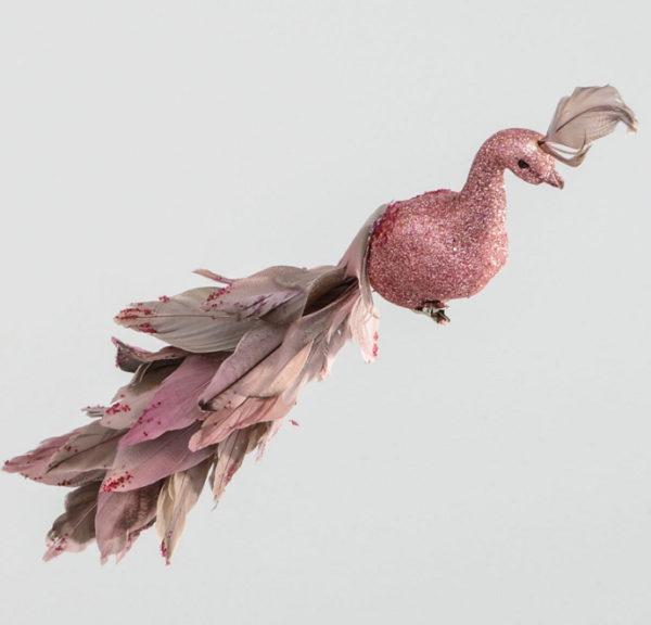 Pair 39cm Large Feathered Bird + Clip ROSE Christmas Decoration