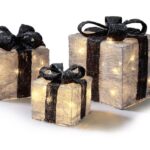 Set x3 LED Lit Parcels / Gifts Silver/Black Christmas Lights Indoor/Outdoor