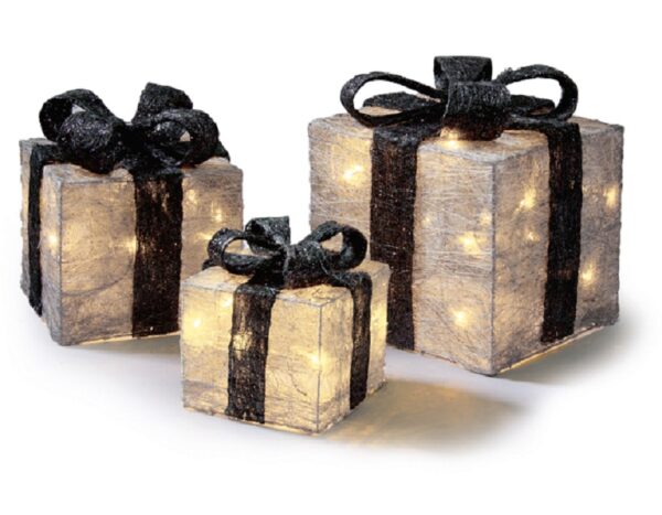Set x3 LED Lit Parcels / Gifts Silver/Black Christmas Lights Indoor/Outdoor