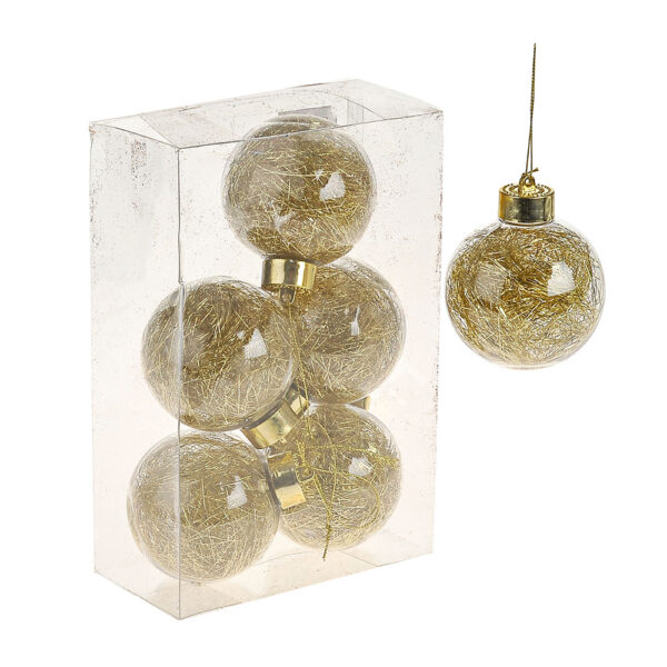 80mm Tinsel Fill Gold Baubles Christmas Tree Decorations Pack x6