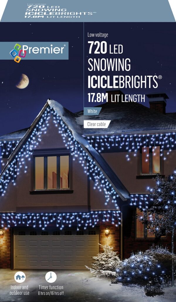 720 LED Snowing WHITE Icicles + Timer Premier Decorations Christmas Lights