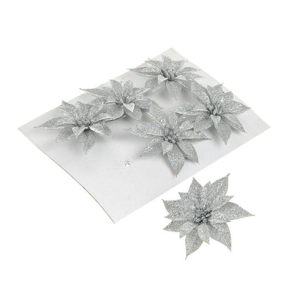 Silver Small Poinsettia 7cm on Wire Stem Pack x6 Christmas