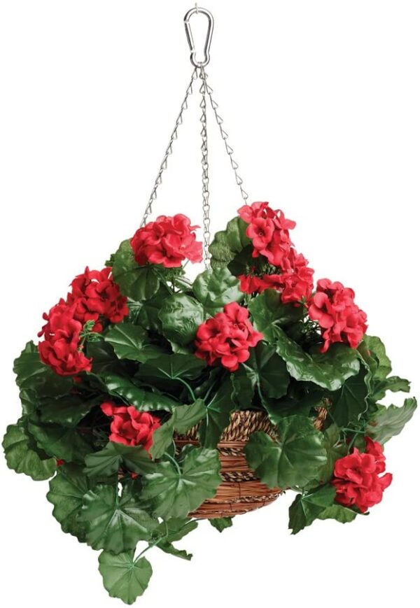 Artificial Silk Flowers Red Geranium 12" Hanging Basket