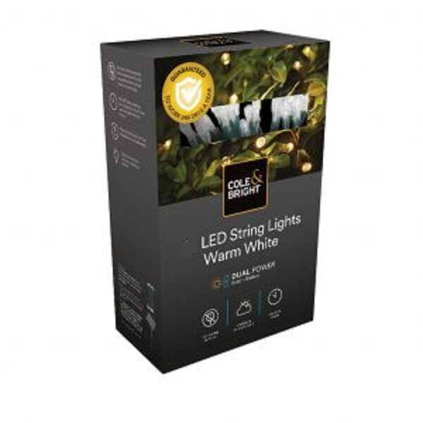 Solar LED String Lights 200 Warm White Dual Power Technology Cole & Bright