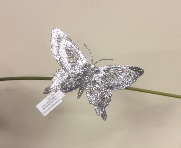 Glittered Butterflys 6" Christmas Decorations Silver Pack 6
