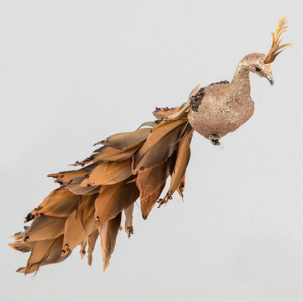 Pair 39cm Large Feathered Bird + Clip COPPER Christmas Decoration