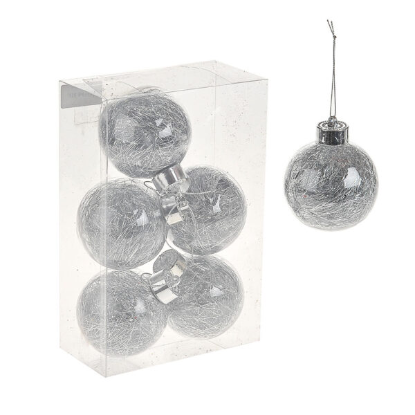 80mm Tinsel Fill Silver Baubles Christmas Tree Decorations Pack x6