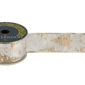 9m Roll 'Gold Xmas Tree' Fabric Wire Edge Christmas Ribbon 50mm Wide