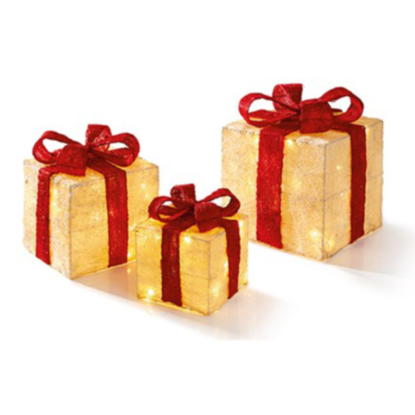 Set 3pc Cream Parcels with Red Bow With 70 WW LEDs Battery Operated