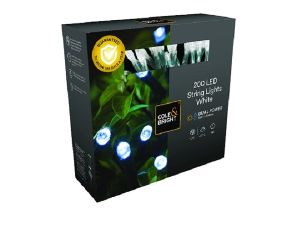 Solar LED String Lights 200 White Dual Power Technology Cole & Bright
