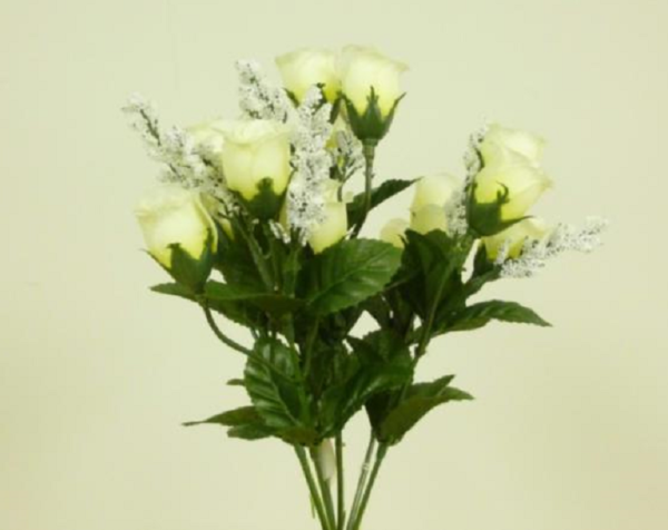 Mini Cream Rosebud Bush Artificial Silk Flowers x6 Blooms