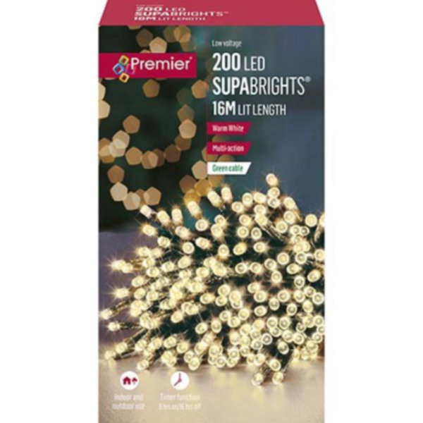 200 Warm White LED Supabrights Christmas Fairy Lights + Timer Indoor / Outdoor Use