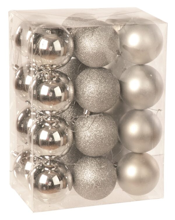 Silver Mix 80mm Shatterproof Baubles Christmas Tree Decorations Themed Pack 24