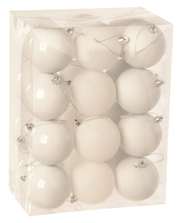 White Mix 80mm Shatterproof Baubles Christmas Tree Decorations Themed Pack 24