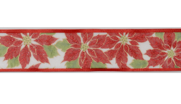 10yd Roll Red Poinsettia Fabric Wire Edge Christmas Ribbon 2.5in Wide