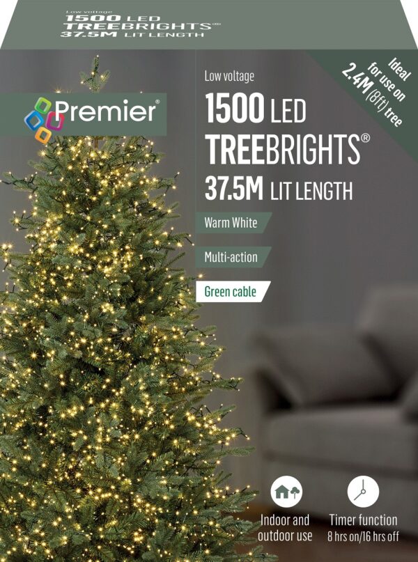 1500 Warm White Premier Treebrights Multi Action LED Christmas Tree Lights + Timer