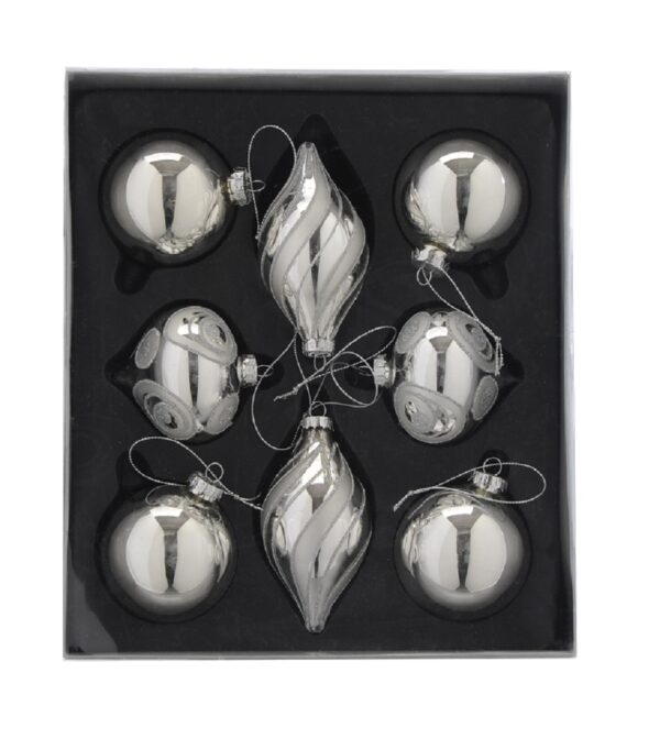 Silver Glass Bauble Christmas Tree Decorations 5-8cm Pack x8 Assorted