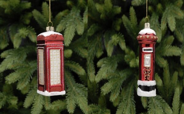 Glass Christmas Tree Decorations Postbox/Telephone 11cm Pack x2 Assorted