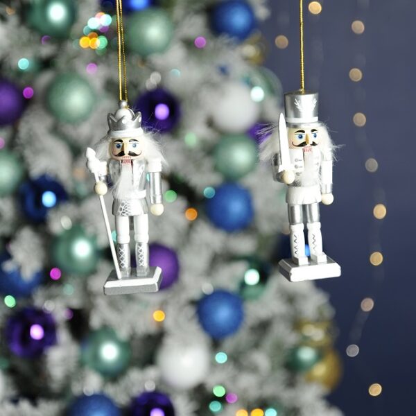 Silver / White Nutcracker Soldiers Christmas Tree Decorations 12cm Pack x2 Assorted