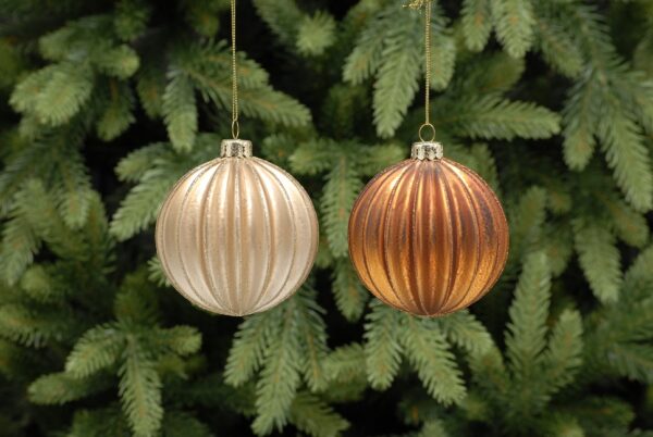 Glass Christmas Tree Decorations Segment Balls 8cm Pack x2 Copper/Gold