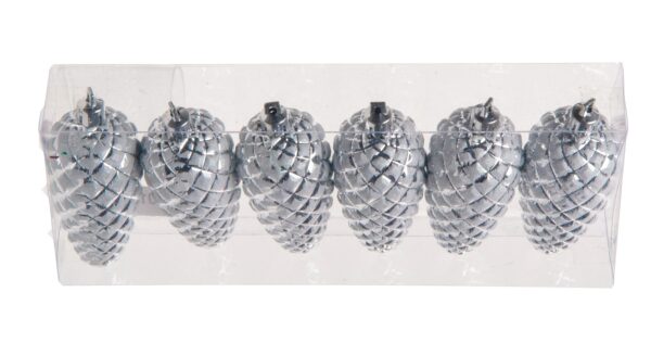 Silver Glitter Pine Cone Christmas Tree Decorations 7.5cm Pack x6