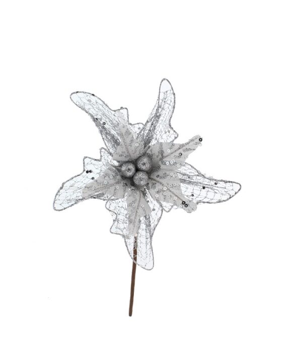 Floral Christmas Decorations Skeleton Poinsettia Pick Silver 25cm Pack of 4