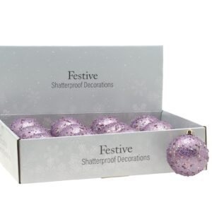 Lilac Glitter Encrusted Christmas Tree Decorations Balls 8cm Pack x12