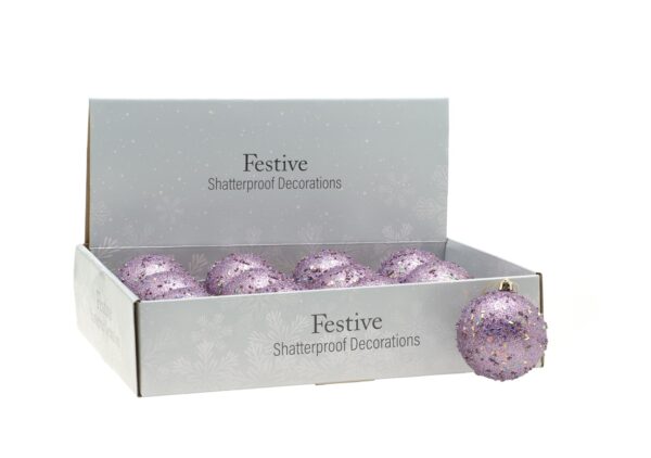 Lilac Glitter Encrusted Christmas Tree Decorations Balls 8cm Pack x12