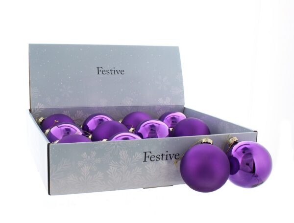 Purple Mix 80mm Traditional Real Glass Baubles Christmas Decorations Pack x12