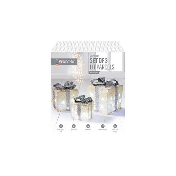 Set x3 LED Lit Parcels / Gifts Silver/White Christmas Lights 102703SW