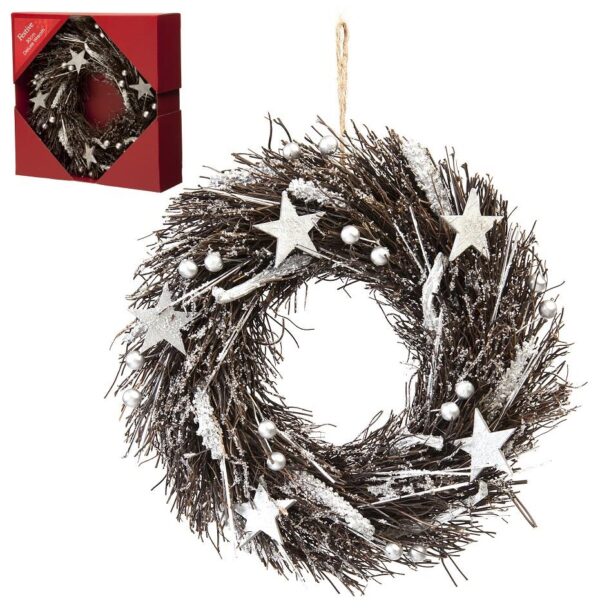 Silver Berries & Stars Twig Wreath Christmas 30cm