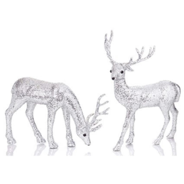 Pair Reindeer Standing / Grazing Silver 31-28cm Christmas Figure Decorations