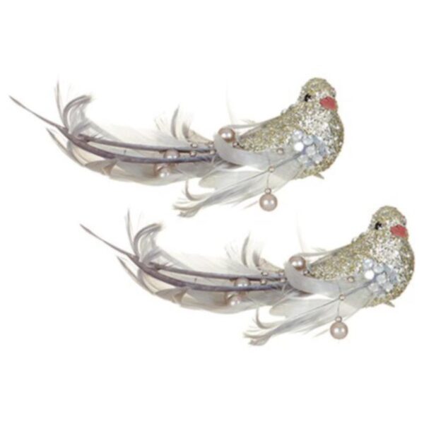 Pair Silver Birds Bead & Feather Christmas Decorations 16cm Wreath/Garland/Tree