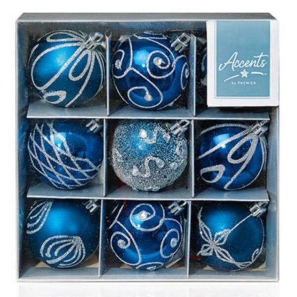 Midnight Blue Decorated Bauble Christmas Tree Decorations 60mm Pack x9 Assorted