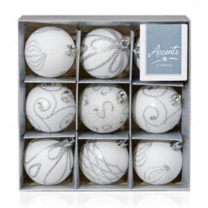 White Decorated Bauble Christmas Tree Decorations 60mm Pack x9 Assorted